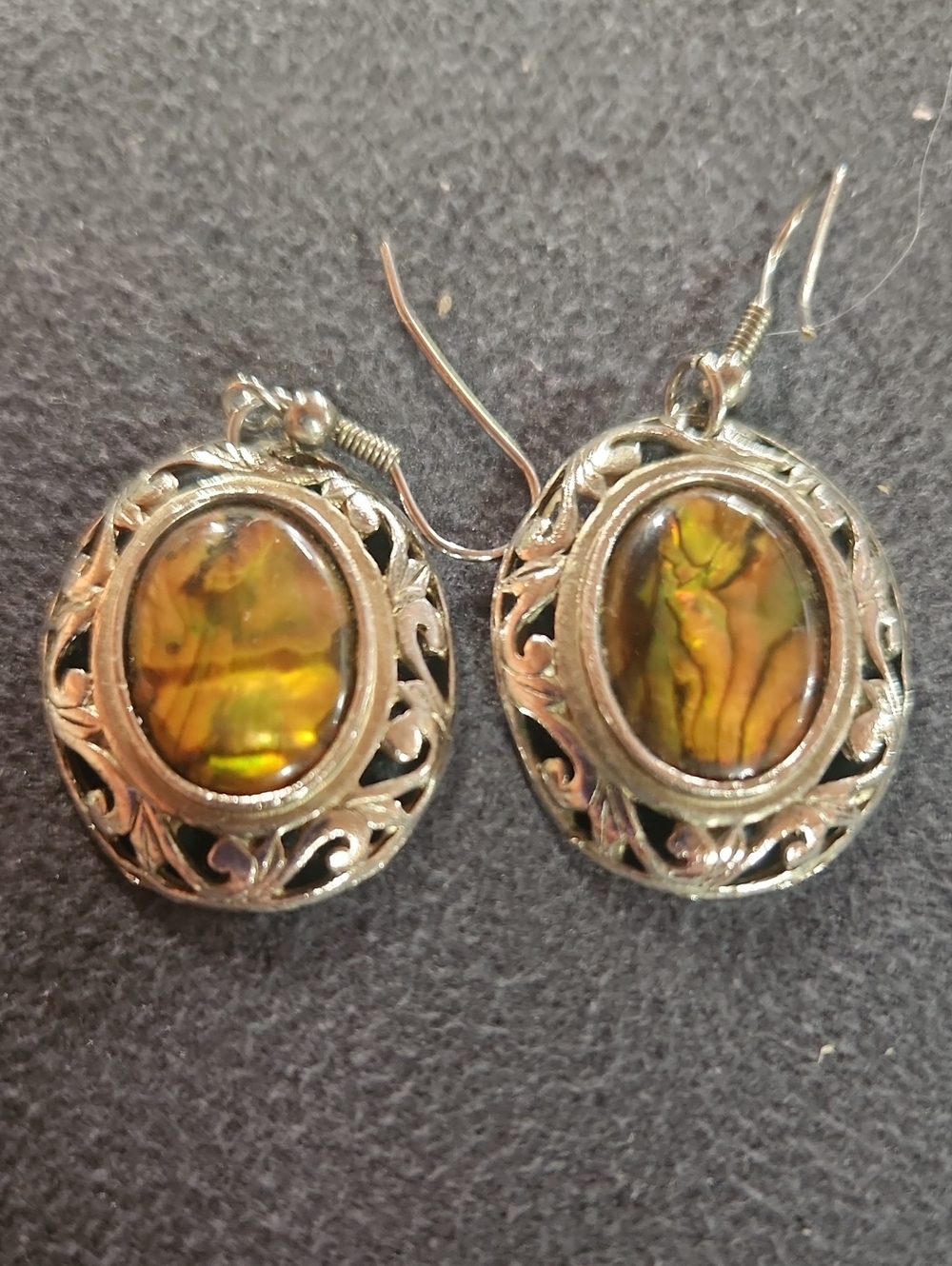 Silver Tone Filigree Drop Earrings with Olive-Gold Abalone Accent